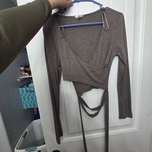 Ribbed Wrap Top in Brown